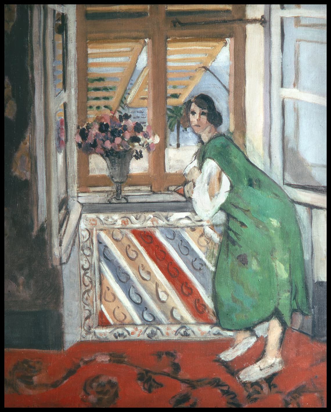 Interior, at Nice, Young Woman in a Green Dress Leaning at the Window
