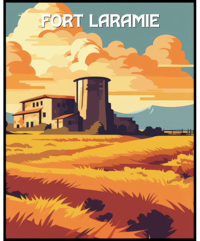 Ein Poster der National Historic Site Fort Laramie mit einem großem Armeefort, das von goldenem Gras umgeben ist.