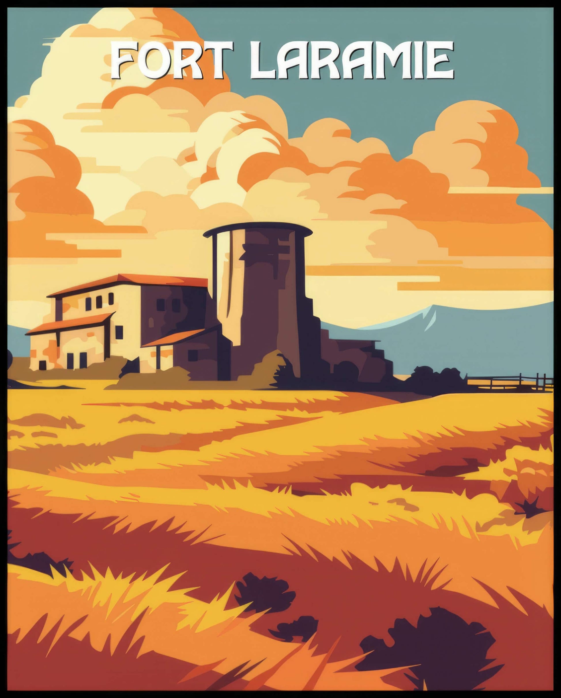 Ein Poster der National Historic Site Fort Laramie mit einem großem Armeefort, das von goldenem Gras umgeben ist.