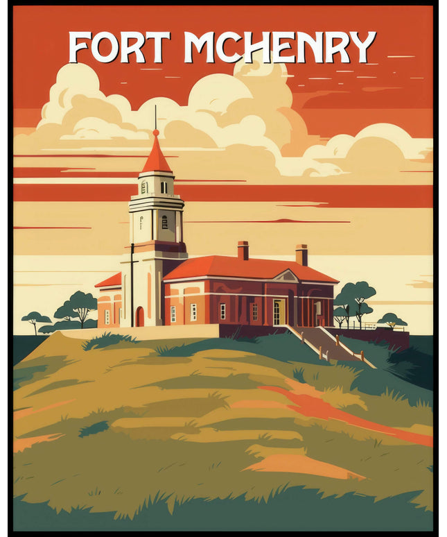 Ein Poster der National Historic Site Fort McHenry mit einem großem Armeefort, das von grünem Gras umgeben ist und auf einem Hügel steht.