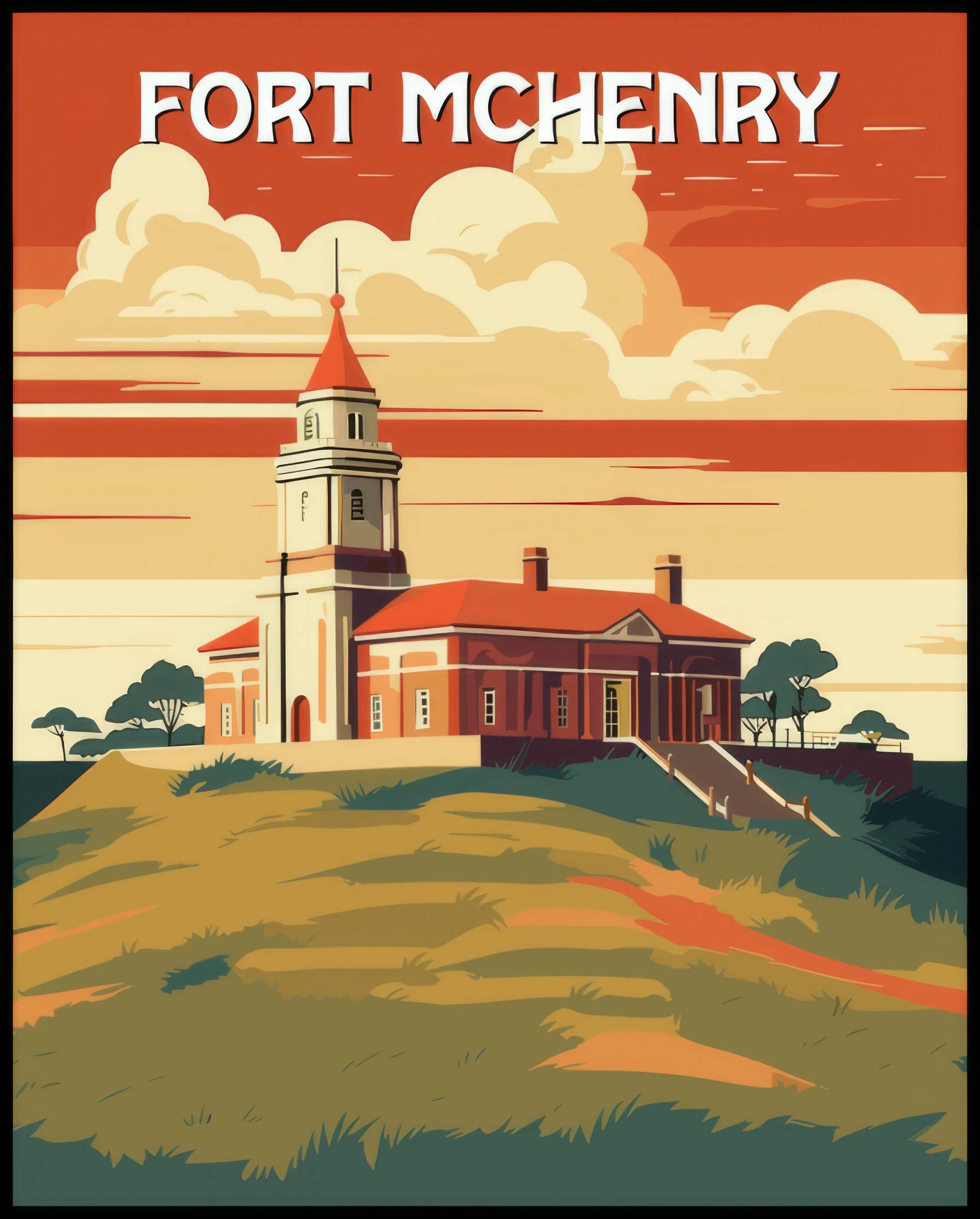 Ein Poster der National Historic Site Fort McHenry mit einem großem Armeefort, das von grünem Gras umgeben ist und auf einem Hügel steht.