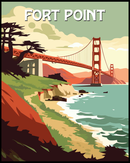 Ein Poster von der National Historic Site Fort Point, auf dem die Golden Gate Bridge zu sehen ist.