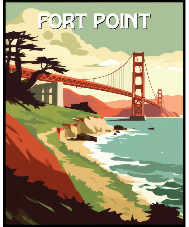 Ein Poster von der National Historic Site Fort Point, auf dem die Golden Gate Bridge zu sehen ist.