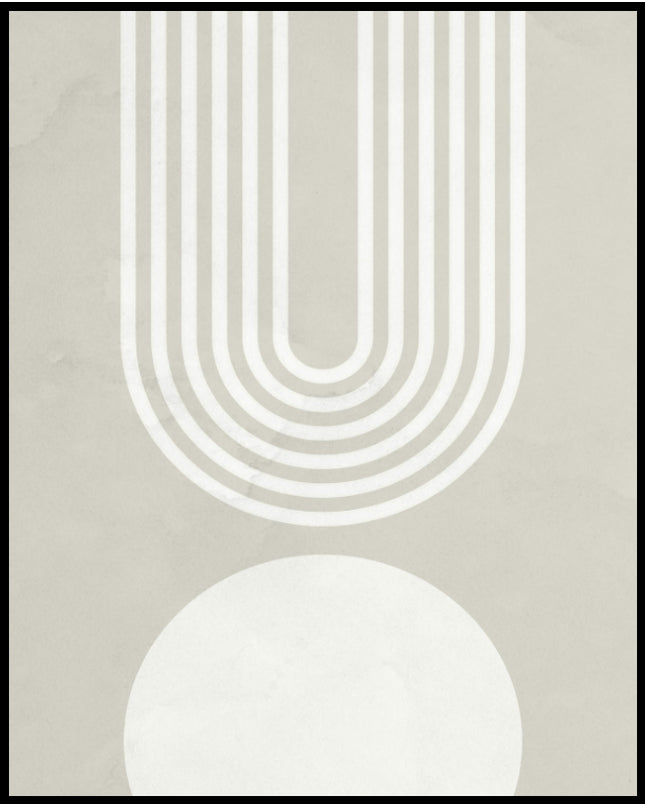 Ein Poster von abstrakten, weißen, parallel verlaufenden Bögen im oberen Teil, und einem weißen Kreis im unteren Teil des Bildes, auf beigem Untergrund.