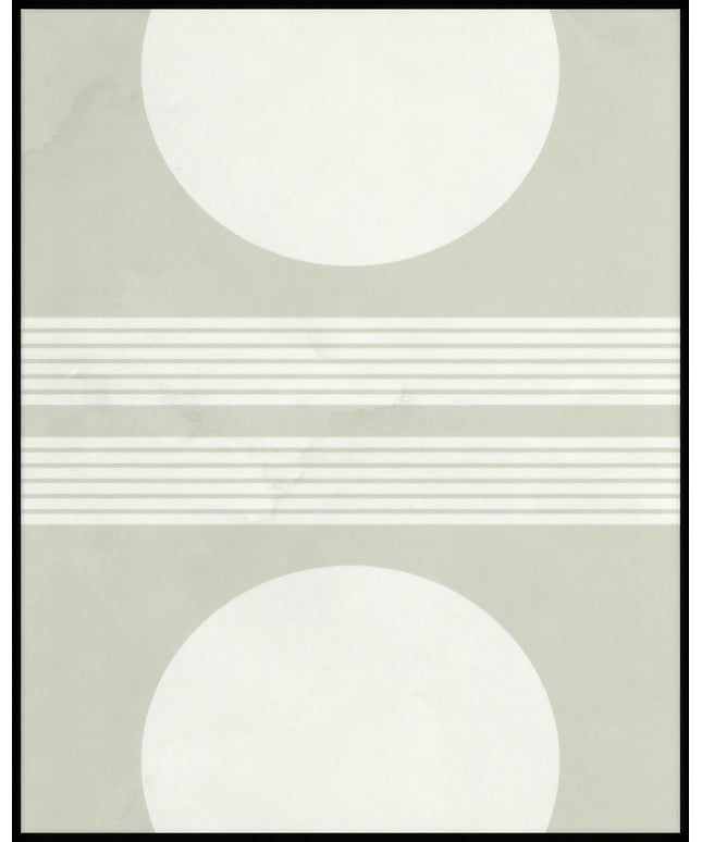 Ein Poster von abstrakten, weißen Kreisen im oberen und unteren Teil des Bildes und quer, parallel verlaufenden weißen Linien im Mittelteil.