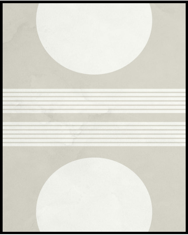 Ein Poster von abstrakten, weißen Kreisen im oberen und unteren Teil des Bildes und quer, parallel verlaufenden weißen Linien im Mittelteil.
