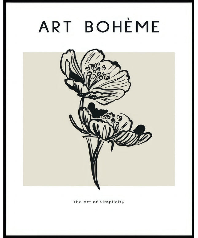 Ein Poster einer Illustration einer botanischen Pflanze mit schwarzen Linien auf einem beigen Hintergrund.