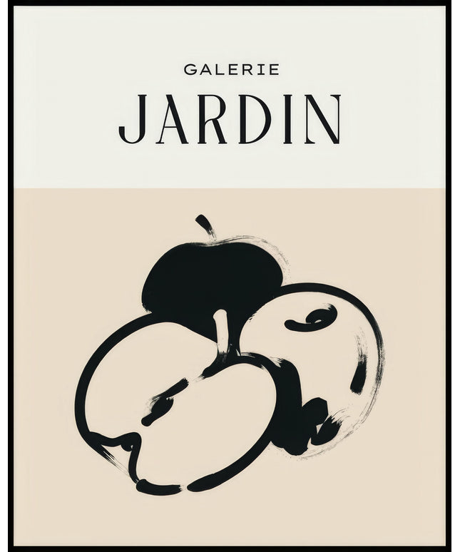 Ein Poster einer Illustration einiger Äpfel mit schwarzen Linien auf einem beigen Hintergrund im Stil eines Plakats einer Galerie Ausstellung.