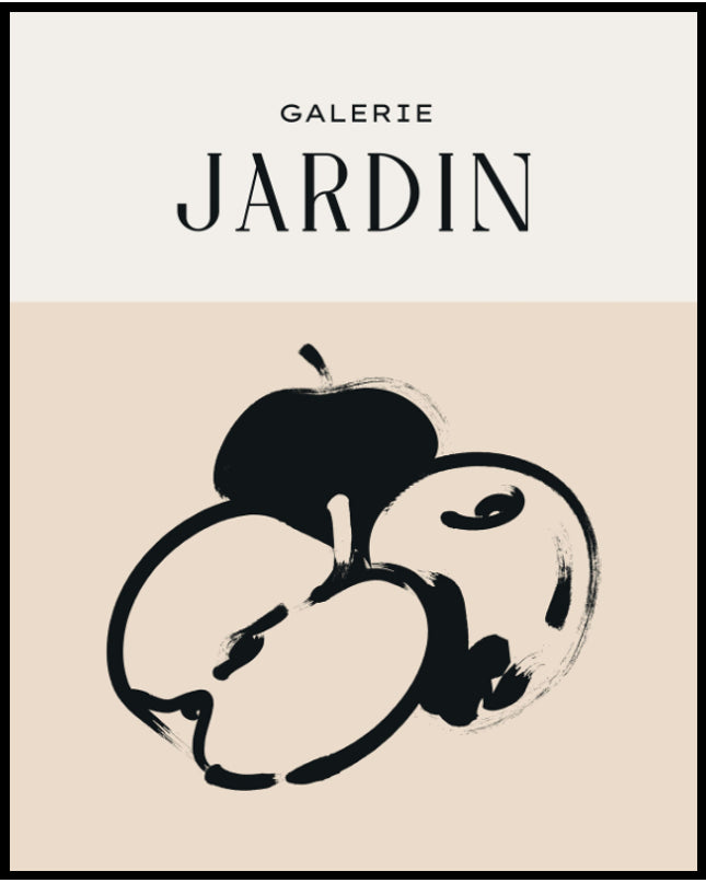 Ein Poster einer Illustration einiger Äpfel mit schwarzen Linien auf einem beigen Hintergrund im Stil eines Plakats einer Galerie Ausstellung.