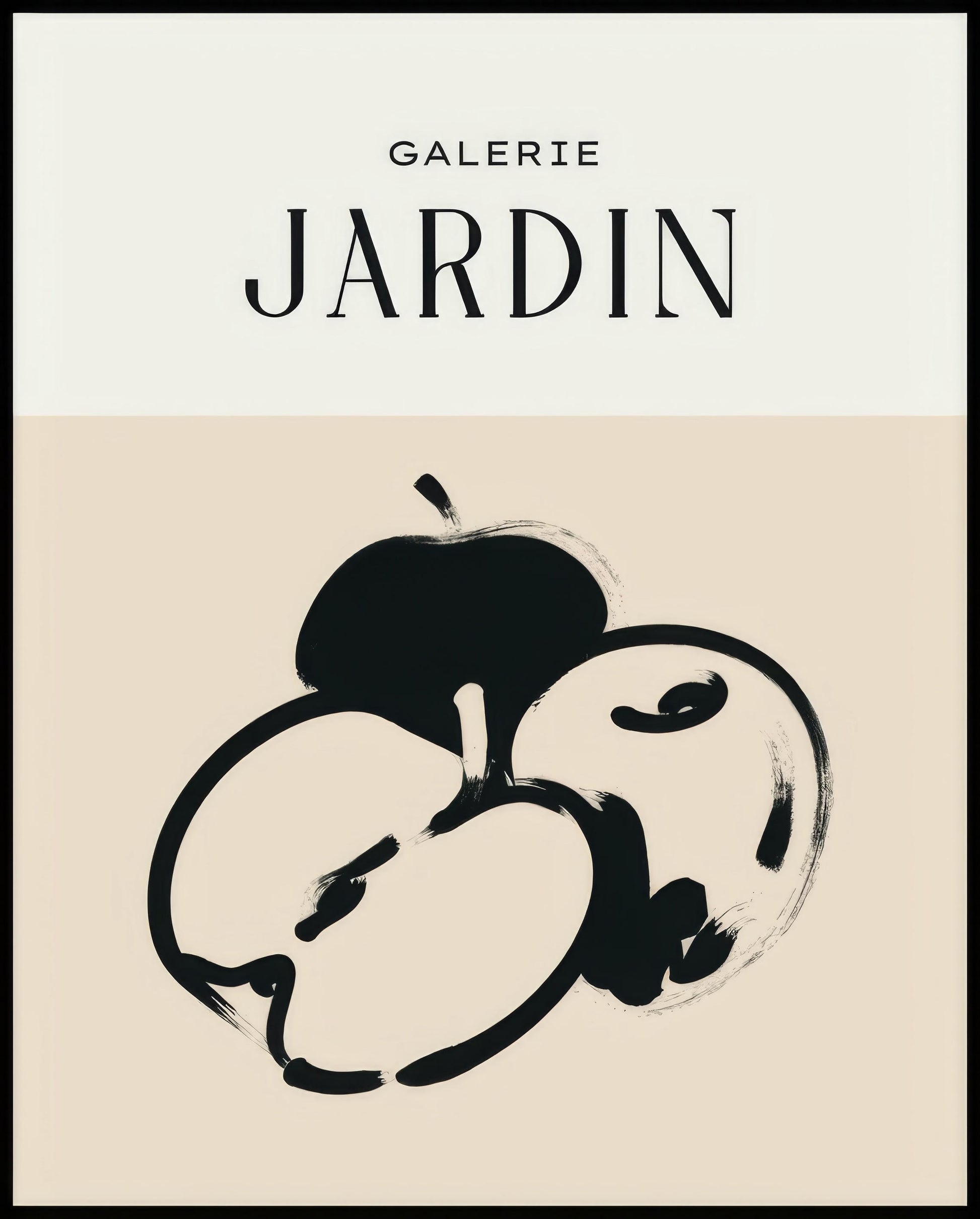 Ein Poster einer Illustration einiger Äpfel mit schwarzen Linien auf einem beigen Hintergrund im Stil eines Plakats einer Galerie Ausstellung.