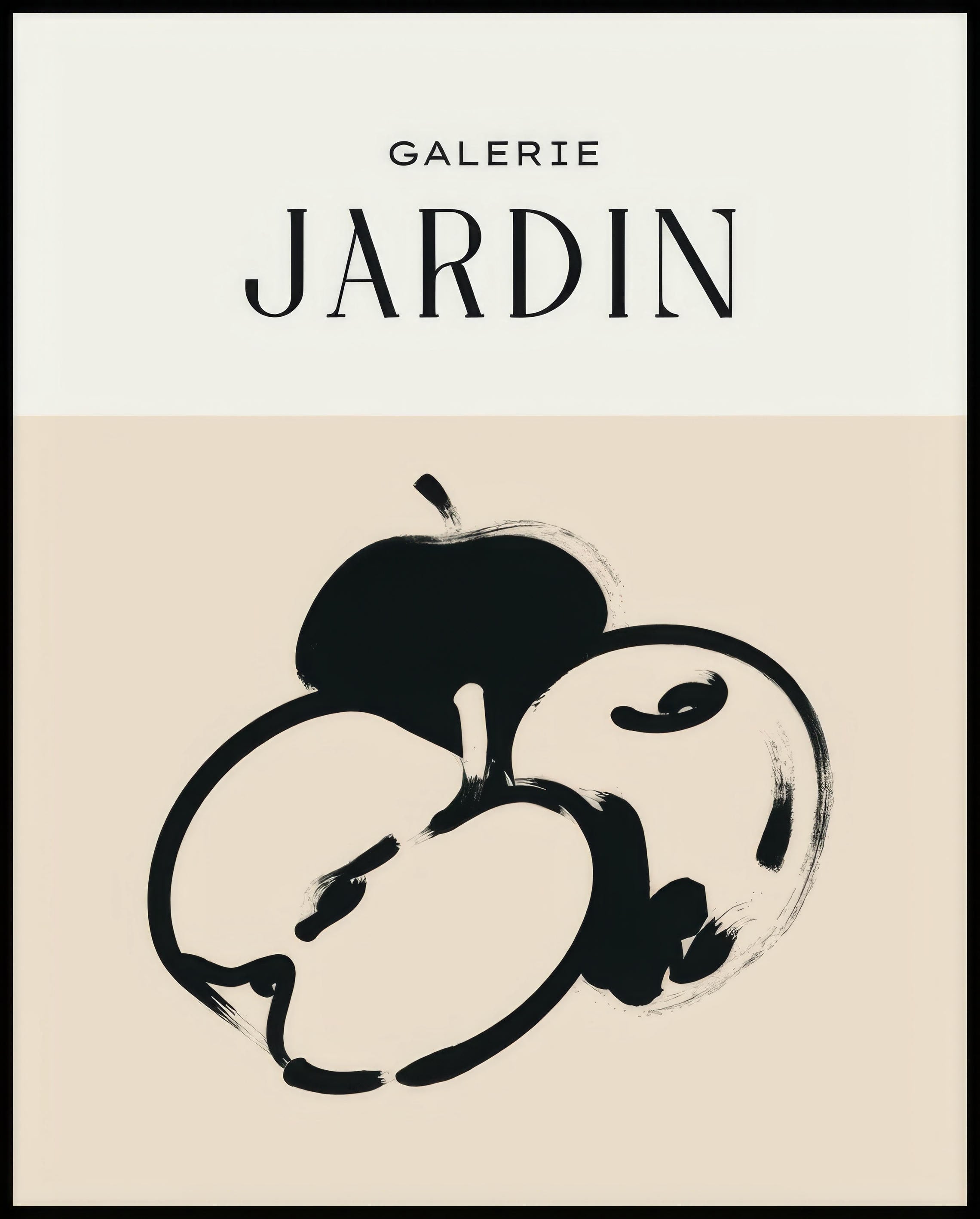 Ein Poster einer Illustration einiger Äpfel mit schwarzen Linien auf einem beigen Hintergrund im Stil eines Plakats einer Galerie Ausstellung.
