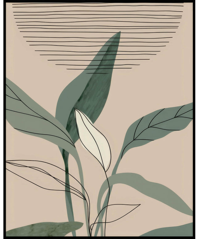 Ein Poster von abstrakten erdfarbenen Formen mit einer Pflanze im Vordergrund.