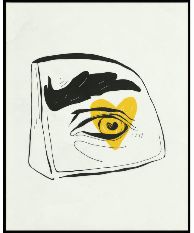Ein Poster einer abstrakte Zeichnung eines Auges mit einem gelben Herz in der Iris.