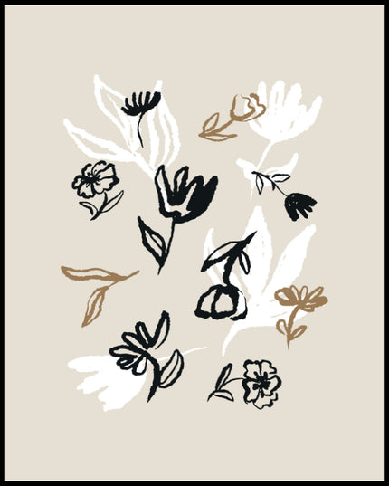 Ein Poster von skizzierten Blumen und Blätter in Schwarz, Weiß und Braun auf beigem Hintergrund.