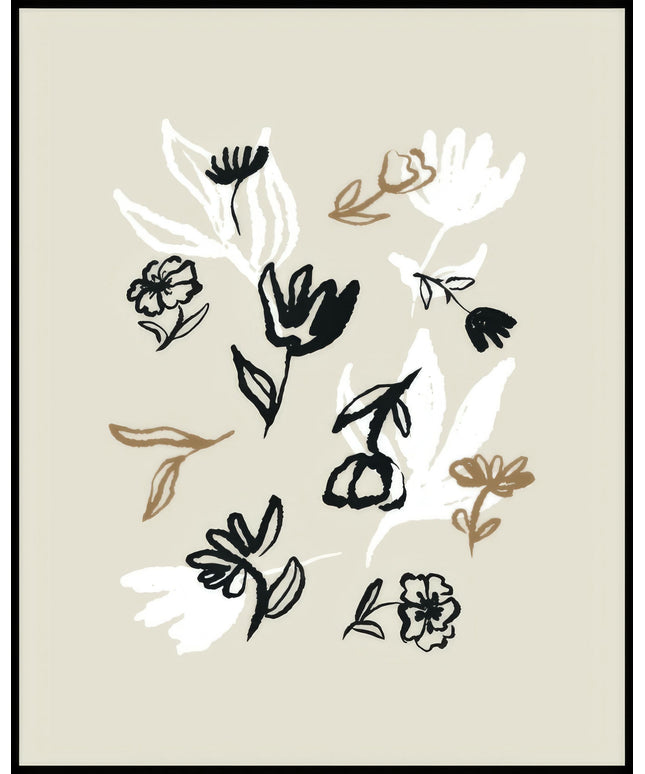 Ein Poster von skizzierten Blumen und Blätter in Schwarz, Weiß und Braun auf beigem Hintergrund.