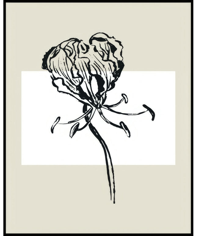 Ein Poster einer Illustration einer botanischen Pflanze mit schwarzen Linien auf einem beigen Hintergrund.