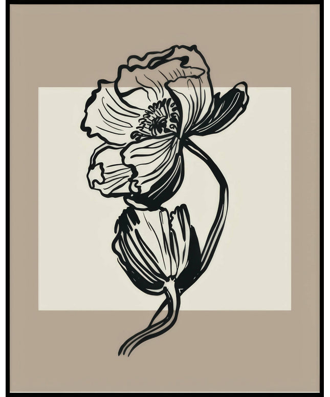 Ein Poster einer Illustration einer botanischen Pflanze mit schwarzen Linien auf einem beigen Hintergrund.