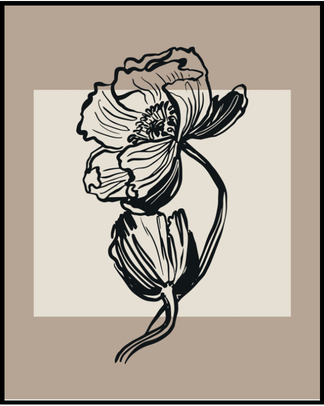 Ein Poster einer Illustration einer botanischen Pflanze mit schwarzen Linien auf einem beigen Hintergrund.