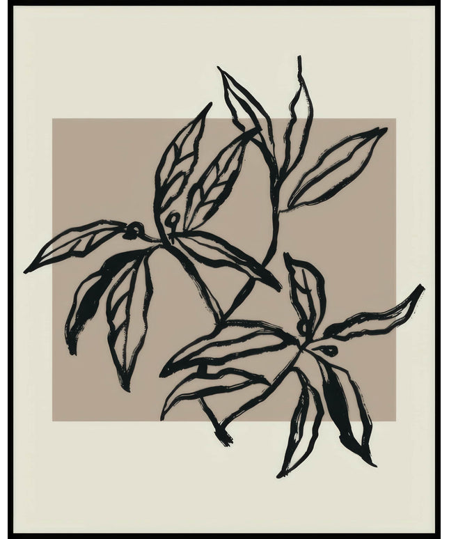 Ein Poster einer Illustration einer botanischen Pflanze mit schwarzen Linien auf einem beigen Hintergrund.