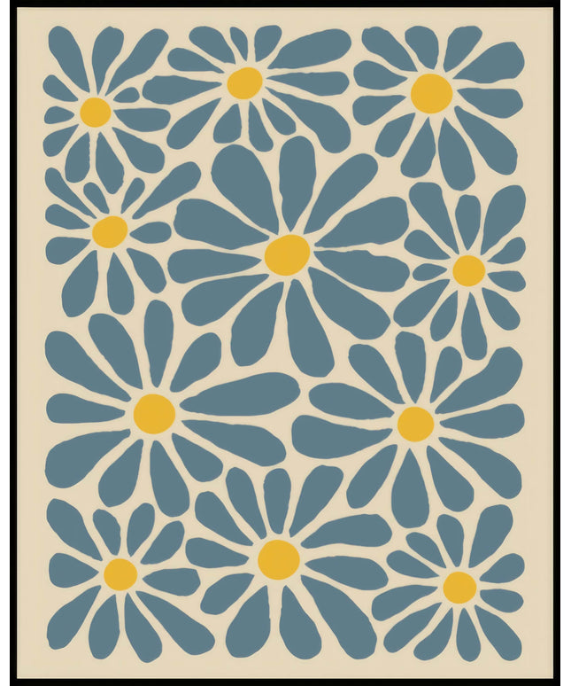 Ein Poster von einem Muster aus blauen Blumen mit gelben Zentren auf beigem Hintergrund.