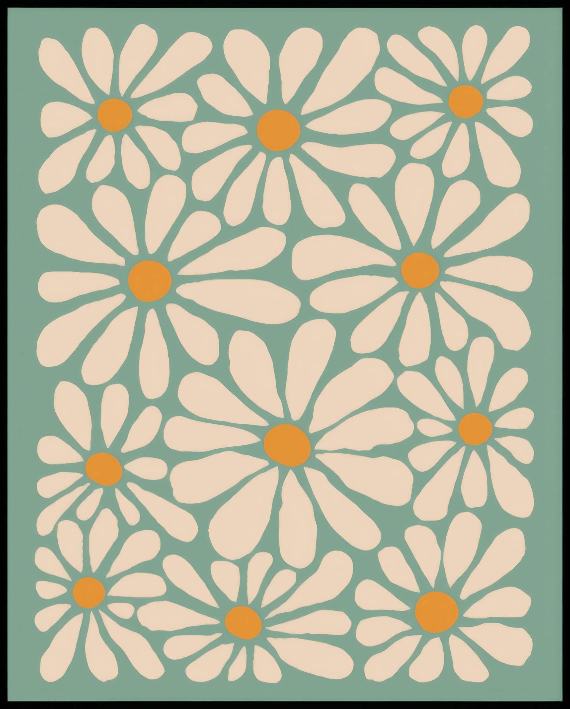 Ein Poster von einem Muster aus weißen Blumen mit gelben Zentren auf grünem Hintergrund.