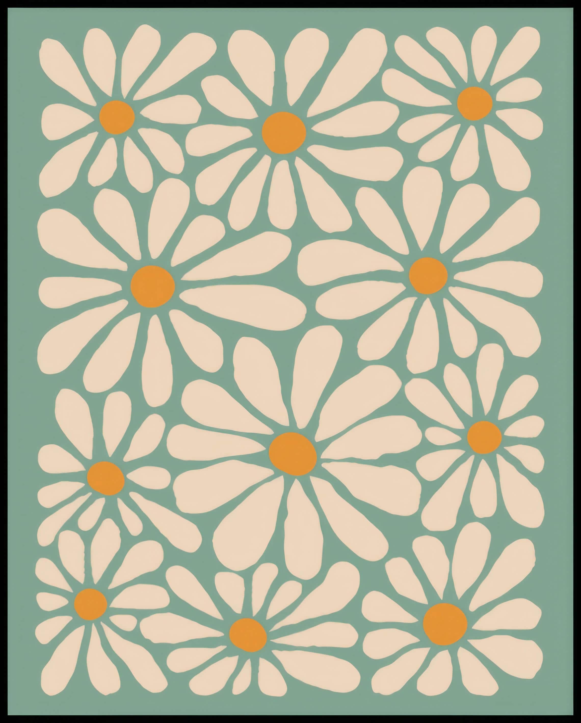 Ein Poster von einem Muster aus weißen Blumen mit gelben Zentren auf grünem Hintergrund.