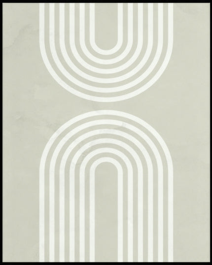 Ein Poster von abstrakten, weißen, parallel verlaufenden Bögen im oberen und unteren Teil des Bildes auf beigem Untergrund.