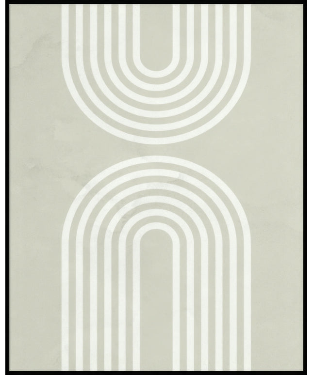 Ein Poster von abstrakten, weißen, parallel verlaufenden Bögen im oberen und unteren Teil des Bildes auf beigem Untergrund.