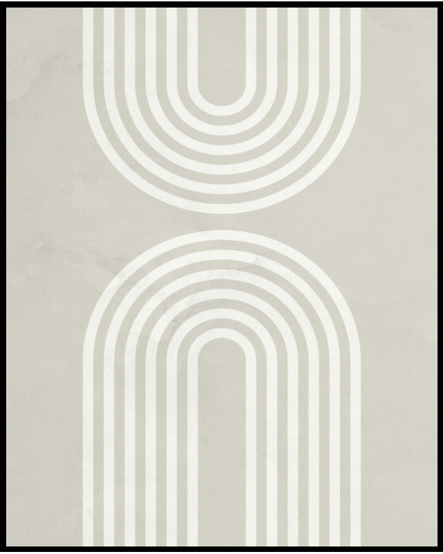 Ein Poster von abstrakten, weißen, parallel verlaufenden Bögen im oberen und unteren Teil des Bildes auf beigem Untergrund.