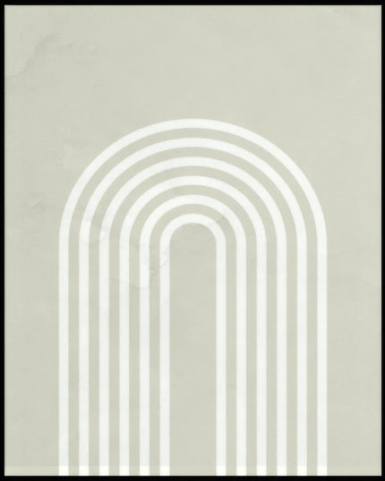 Ein Poster von abstrakten, weißen, parallel verlaufenden Bögen im oberen Teil des Bildes auf beigem Untergrund.