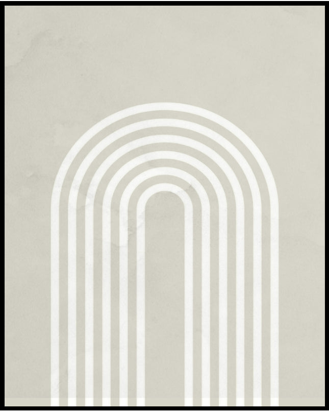Ein Poster von abstrakten, weißen, parallel verlaufenden Bögen im oberen Teil des Bildes auf beigem Untergrund.