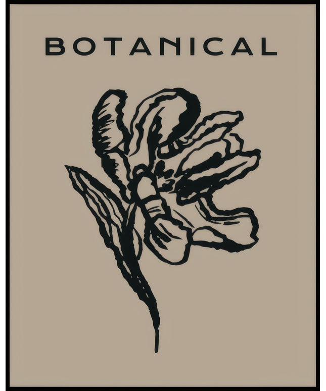 Ein Poster einer Illustration einer botanischen Pflanze mit schwarzen Linien auf einem beigen Hintergrund.