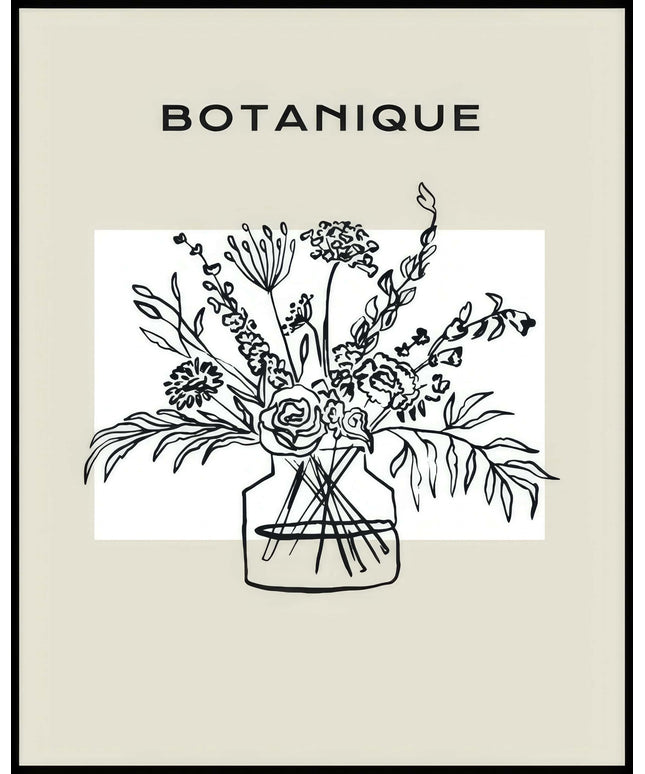 Ein Poster einer skizzierte Vase mit Blumen und dem Text "BOTANIQUE" darüber.