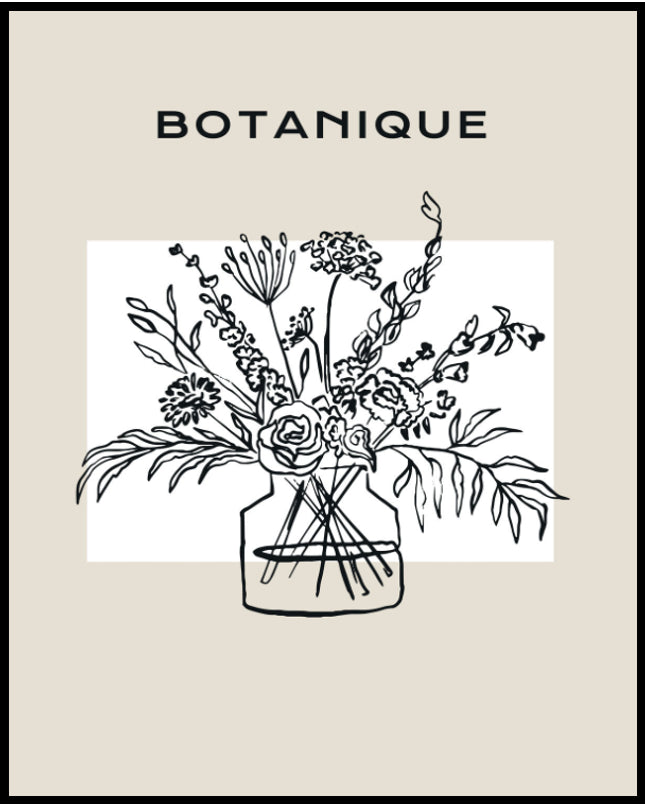 Ein Poster einer skizzierte Vase mit Blumen und dem Text "BOTANIQUE" darüber.