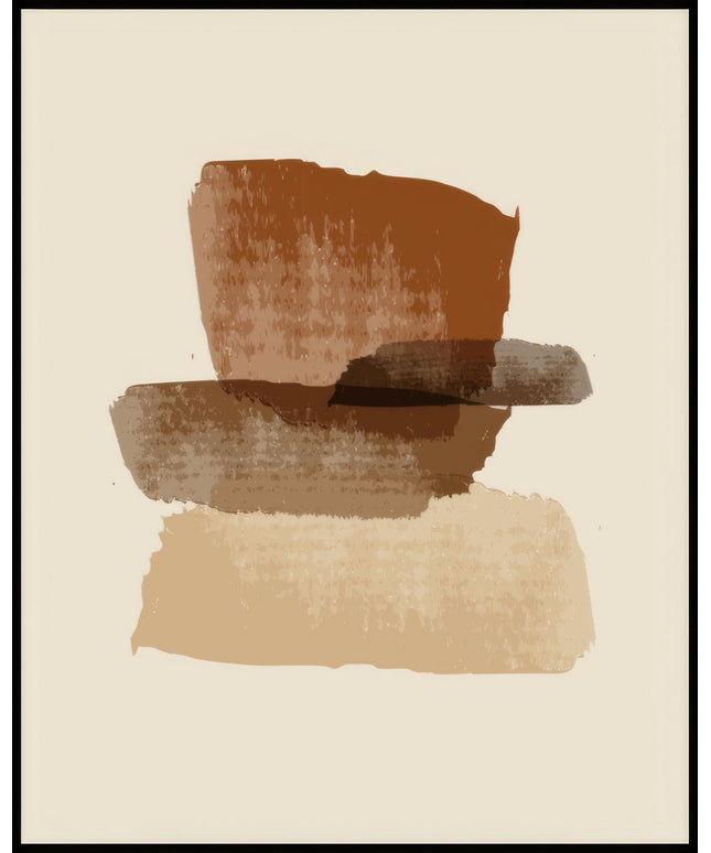Ein Poster von vier abstrakten, farbige Strichen in verschiedenen Braun- und Beigetönen auf beigem Hintergrund.
