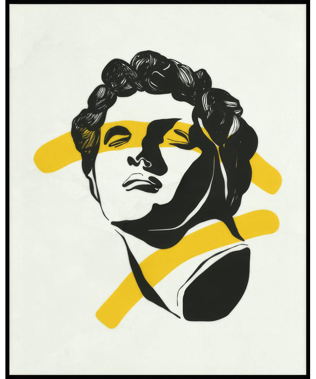 Ein Poster von einer schwarz-weißen Illustration eines klassischen Männergesichts mit gelben Akzenten.