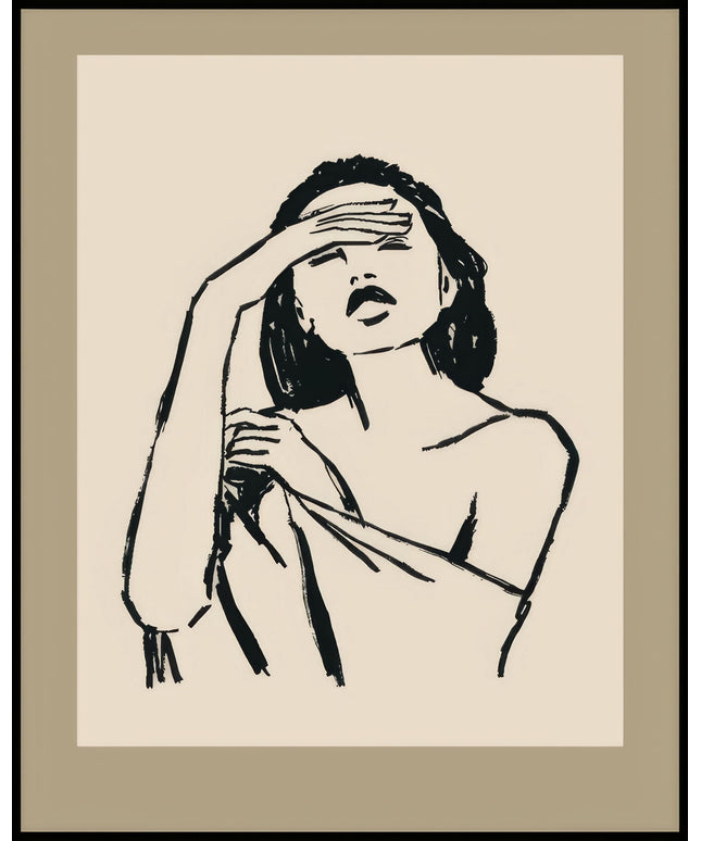 Ein Poster von einer Skizzenzeichnung einer Frau in einer Decke mit freien Schultern, die ihre Stirn mit einer Hand berührt und die Augen schließt.