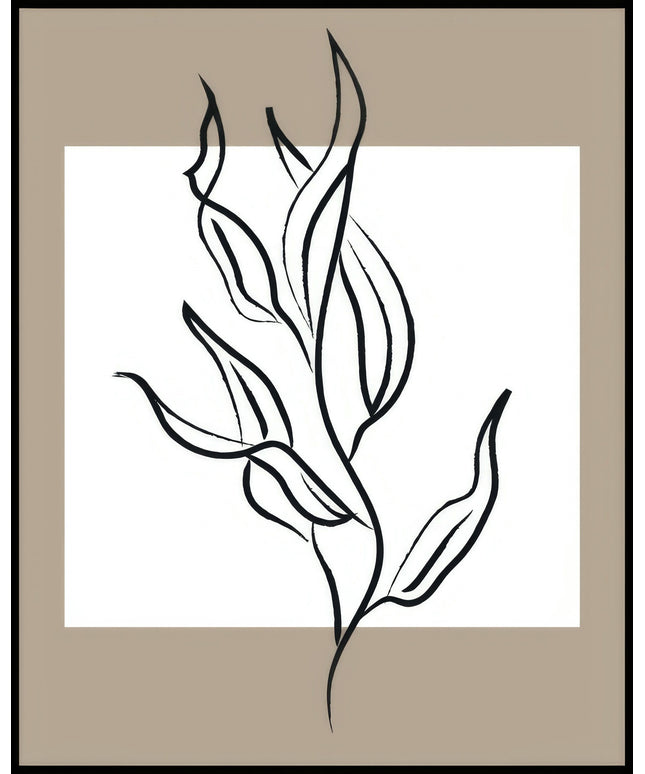 Ein Poster einer Illustration einer botanischen Pflanze mit schwarzen Linien auf einem beigen Hintergrund.
