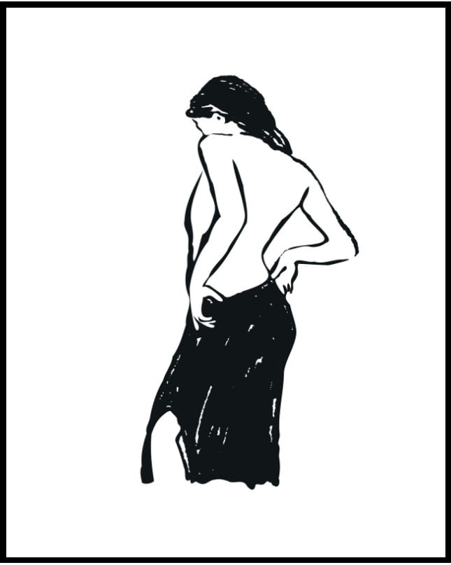 Poster von einer Skizzenzeichnung einer Frau in einem schwarzen Kleid mit freiem Rücken.