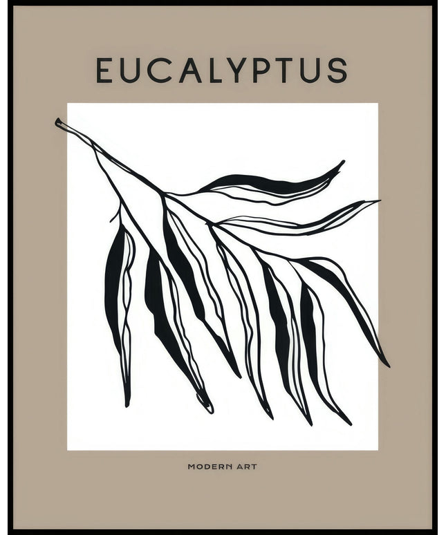 Ein Poster von einem Eukalyptuszweig mit schwarzen Blättern auf einem weißen Hintergrund.