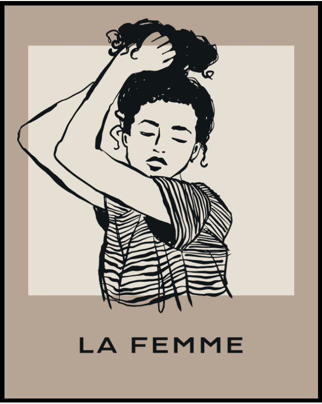 Ein Poster einer Illustration einer Frau mit lockigem Haar, die ihre Hände hinter den Kopf hält.