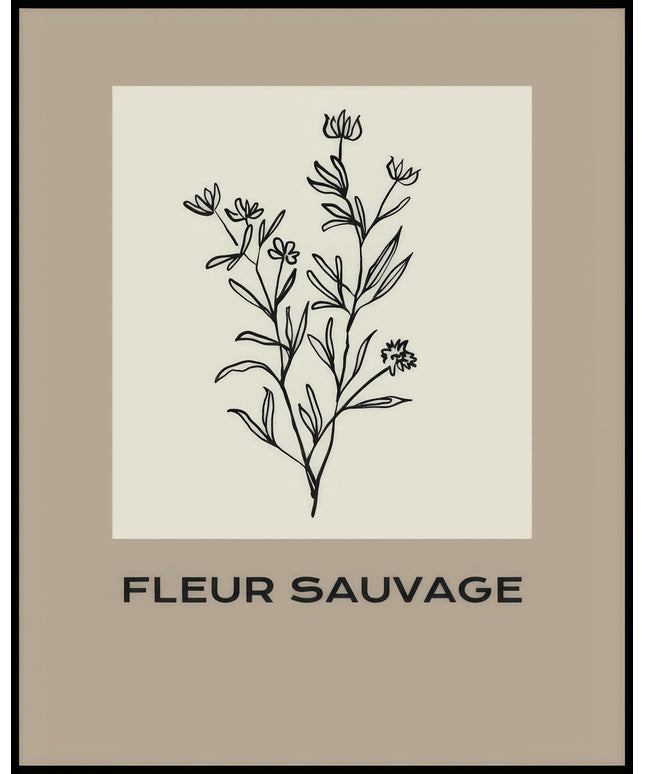 Ein Poster einer Illustration einer botanischen Pflanze mit schwarzen Linien auf einem beigen Hintergrund.