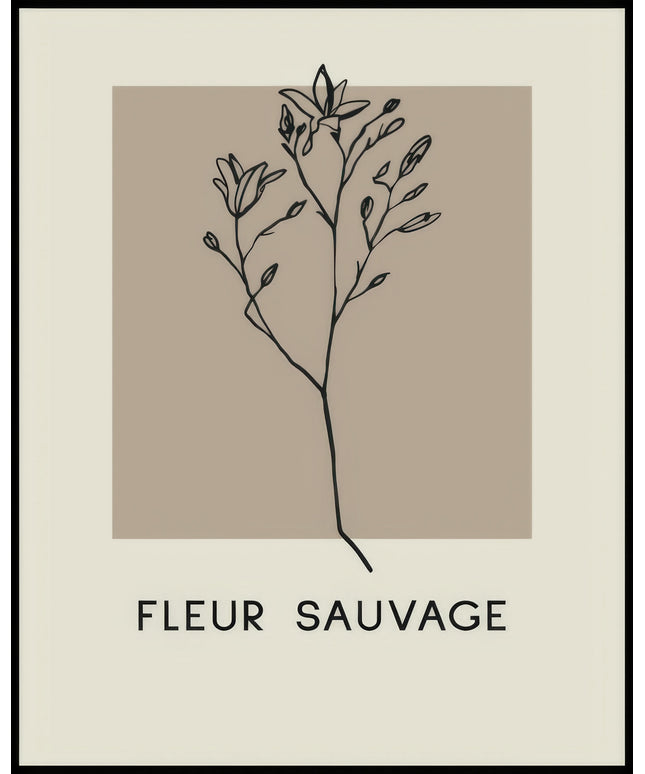 Ein Poster einer Illustration einer botanischen Pflanze mit schwarzen Linien auf einem beigen Hintergrund.