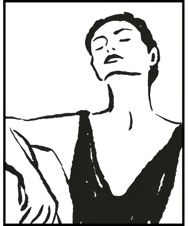 Ein Poster von einer Skizzenzeichnung einer Frau in einem schwarzen Kleid die mit geschlossenen Augen nach oben blickt.