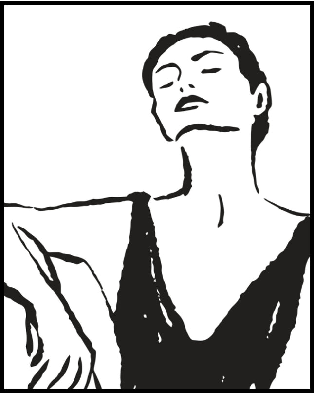 Ein Poster von einer Skizzenzeichnung einer Frau in einem schwarzen Kleid die mit geschlossenen Augen nach oben blickt.