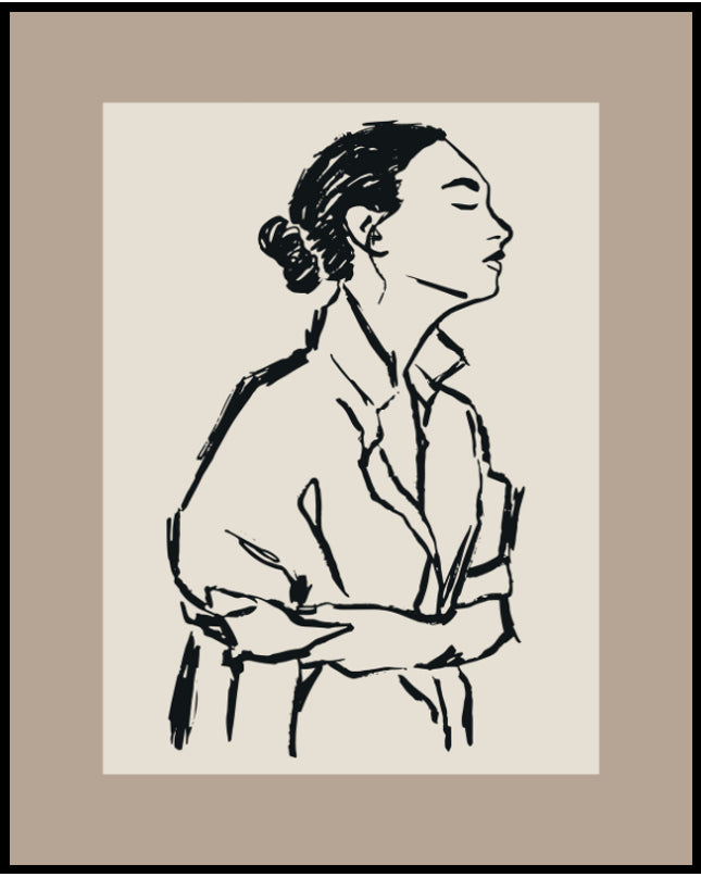 Ein Poster von einer Frau im Profil, die einen Ärmel von ihrem Hemd hochkrempelt, gezeichnet im minimalistischen Stil.
