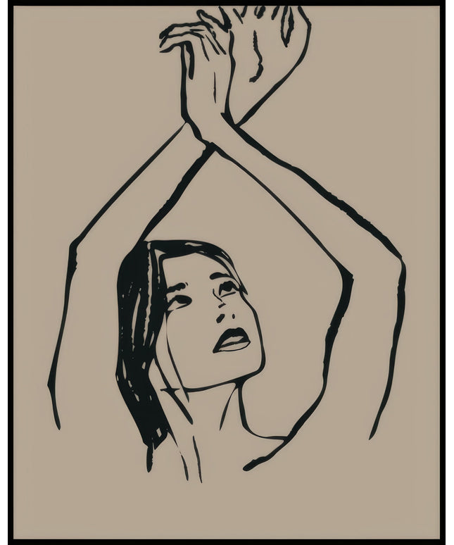 Ein Poster einer Frau mit erhobenen Armen, gezeichnet im minimalistischen Stil auf einem beigen Hintergrund.