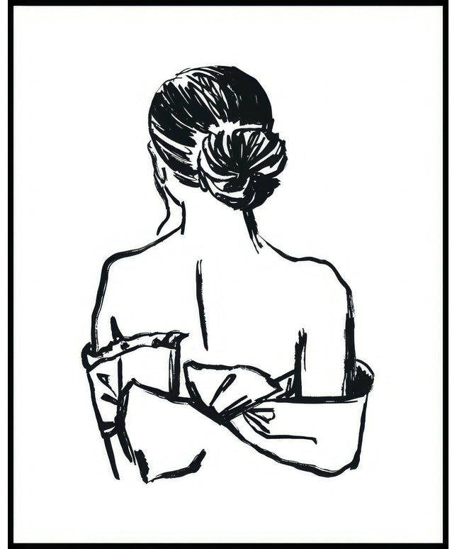 Ein Poster von einer Skizzenzeichnung vom Rücken einer Frau mit hochgesteckten Haaren und einem schulterfreiem Kleid.