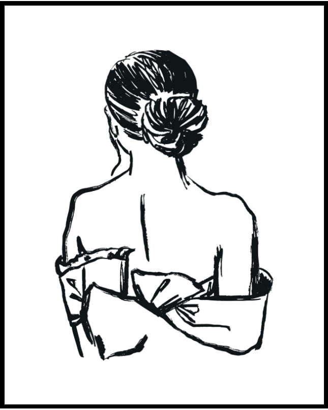 Ein Poster von einer Skizzenzeichnung vom Rücken einer Frau mit hochgesteckten Haaren und einem schulterfreiem Kleid.