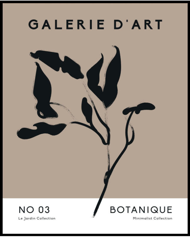 Ein Poster von einer skizzierte Pflanze in Schwarz auf einem beigen Hintergrund im Stil eines Plakats für eine Galerie Ausstellung.